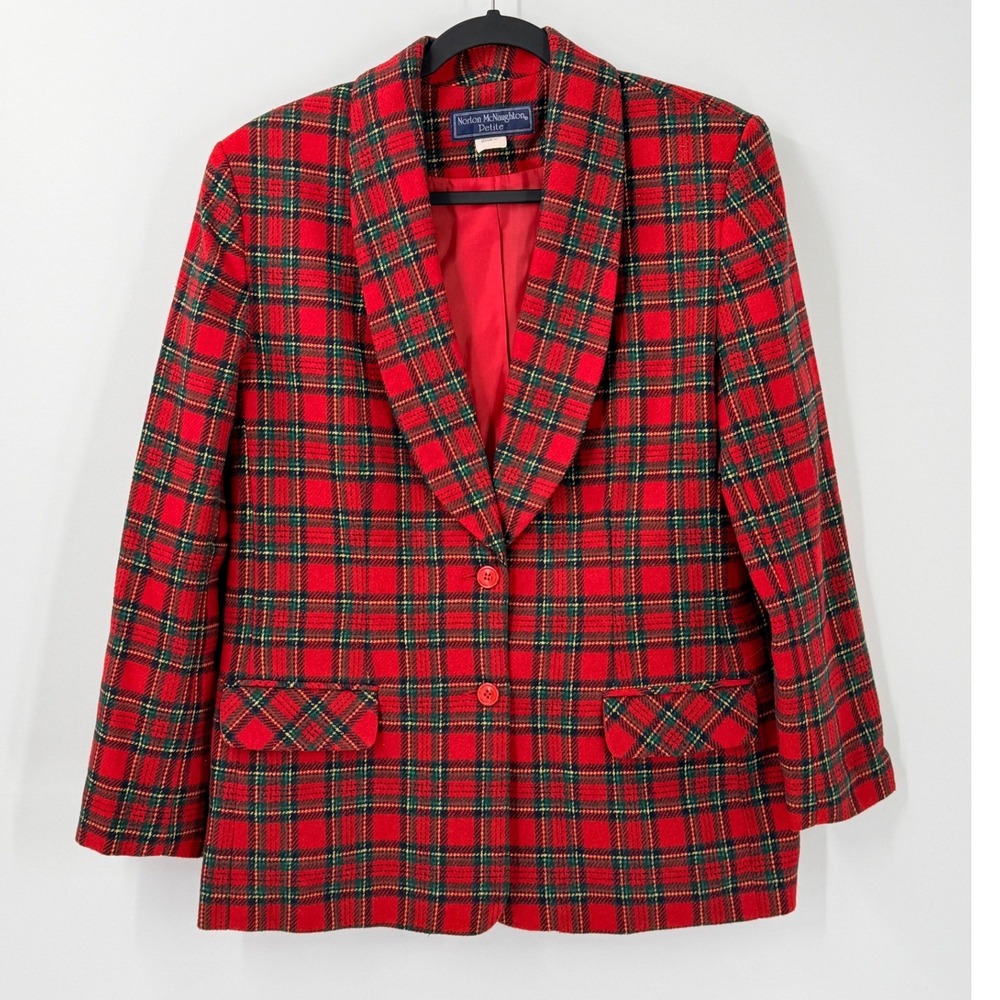 Vtg Norton McNaughton Blazer Womens 8P Red Plaid Wool Blend Holiday Christmas